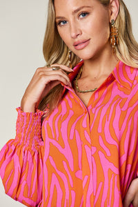 Double Take Printed Smocked Long Sleeve Blouse