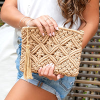 Aili's Corner macrame tassel clutch handbag with intricate woven design and tassel accents, stylish accessory for casual or evening wear.