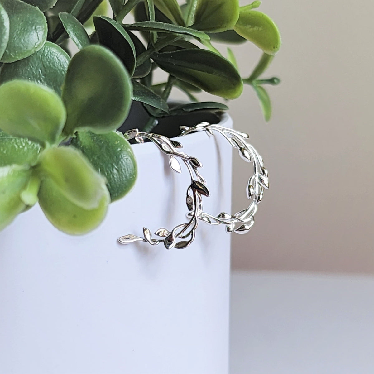 Olive Leaf Dangle Earrings | 925 Silver Plant Leaf Circle Earrings | Gift for Her
