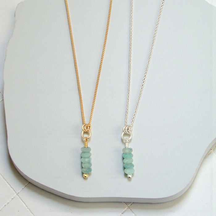 Amazonite necklace by Bijou by SAM featuring silver or gold chain with polished blue-green gemstone beads.