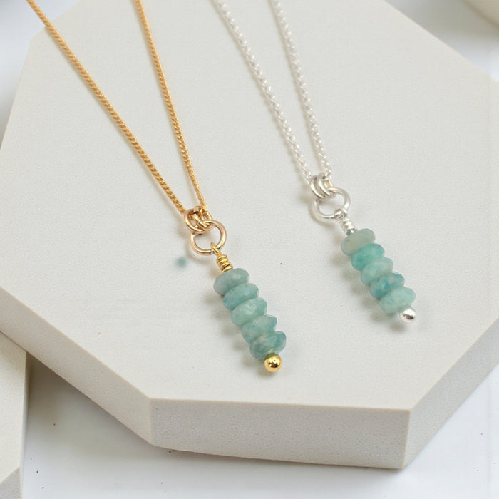 Amazonite necklace by Bijou by SAM featuring silver or gold chain and a vibrant blue-green amazonite pendant.