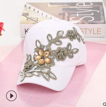 Gorra de béisbol vaquera con bordado de diamantes y flores