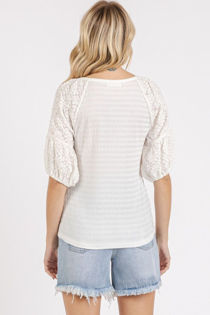 Mixed Media Textured Knit Popcorn Puff Sleeve Blouse