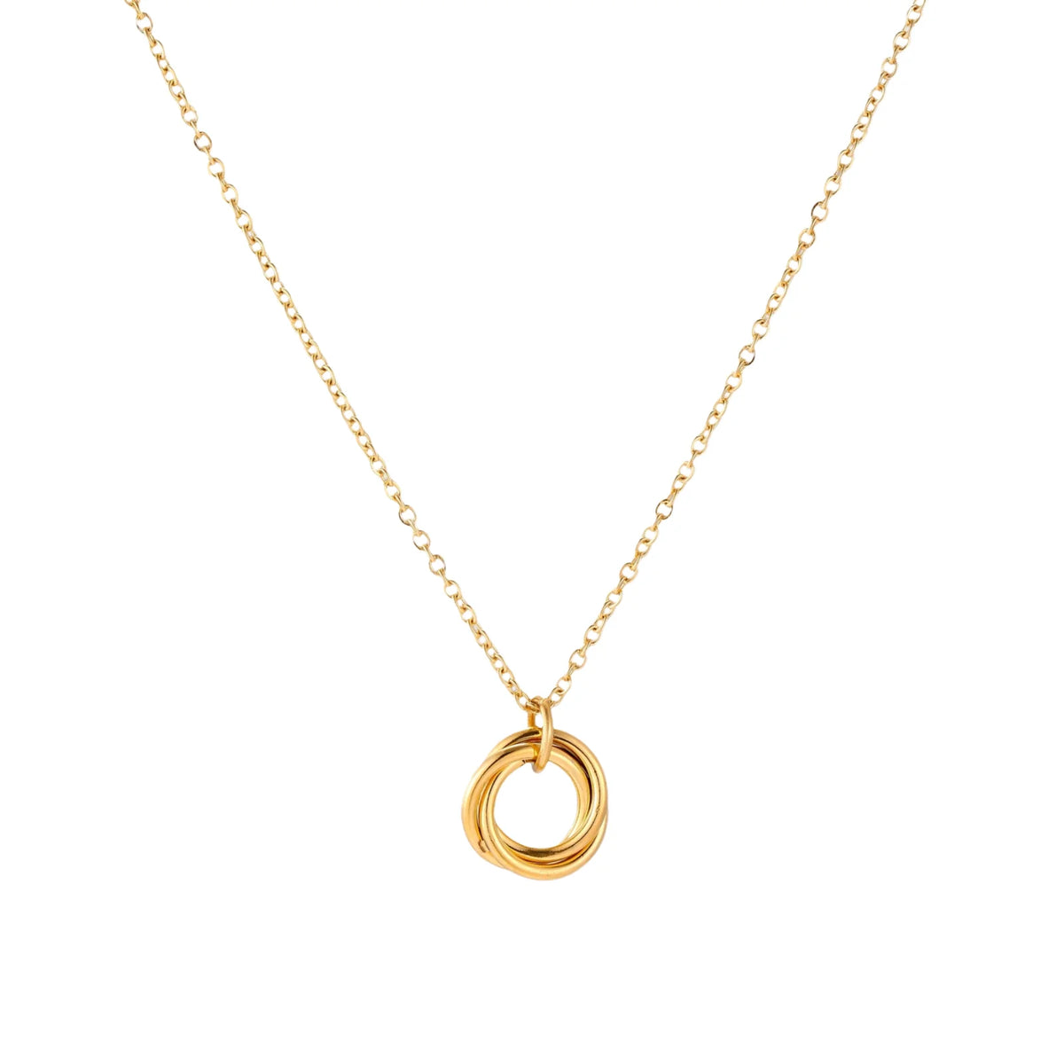 Delicate gold-plated necklace with three interlocking circle rings forming a minimalist knot pendant on cream background