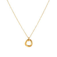 Delicate gold-plated necklace with three interlocking circle rings forming a minimalist knot pendant on cream background