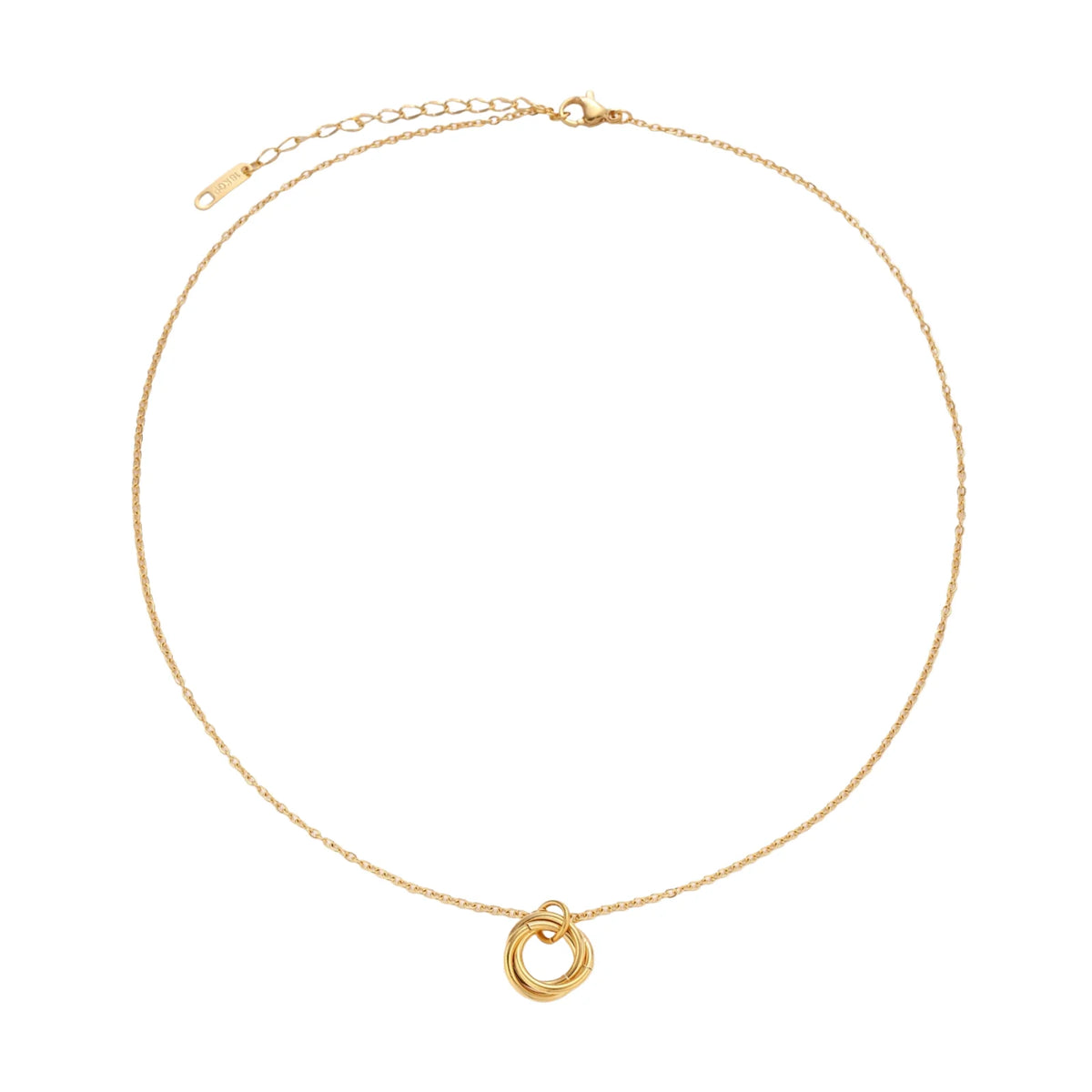 Delicate gold-plated necklace with three interlocking circle rings forming a minimalist knot pendant on cream background