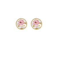 Gold-rimmed circular stud earrings with hand-painted pink peony enamel and pearl accents on white background