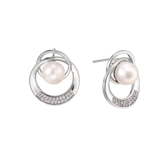 White gold-plated brass earrings with circular design, freshwater pearl center, and diamond accents