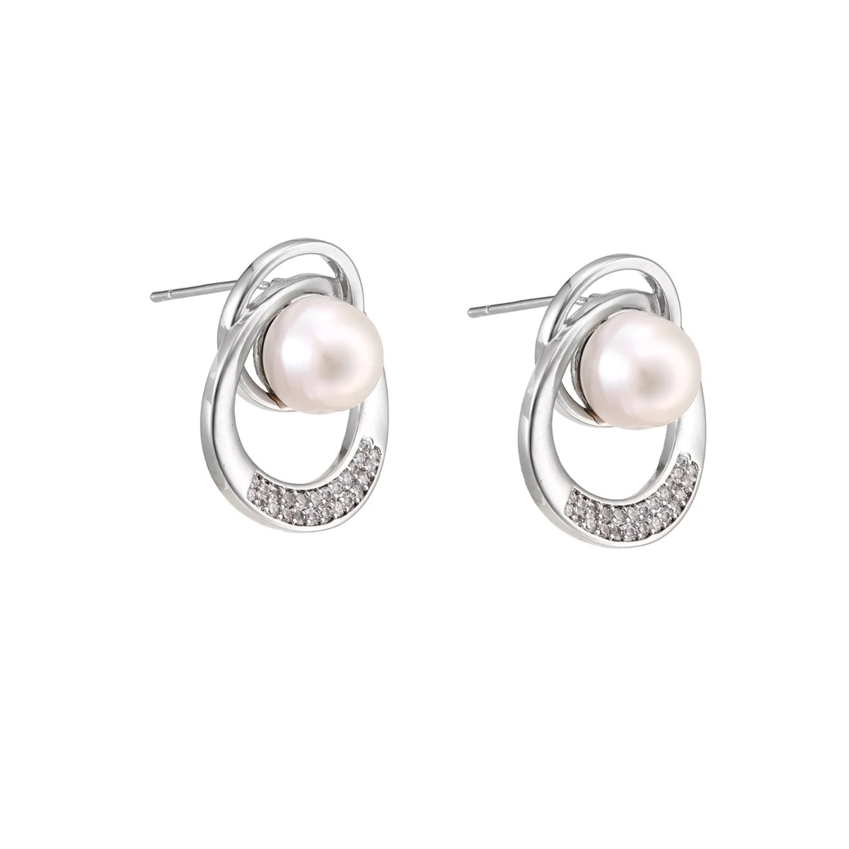 White gold-plated brass earrings with circular design, freshwater pearl center, and diamond accents