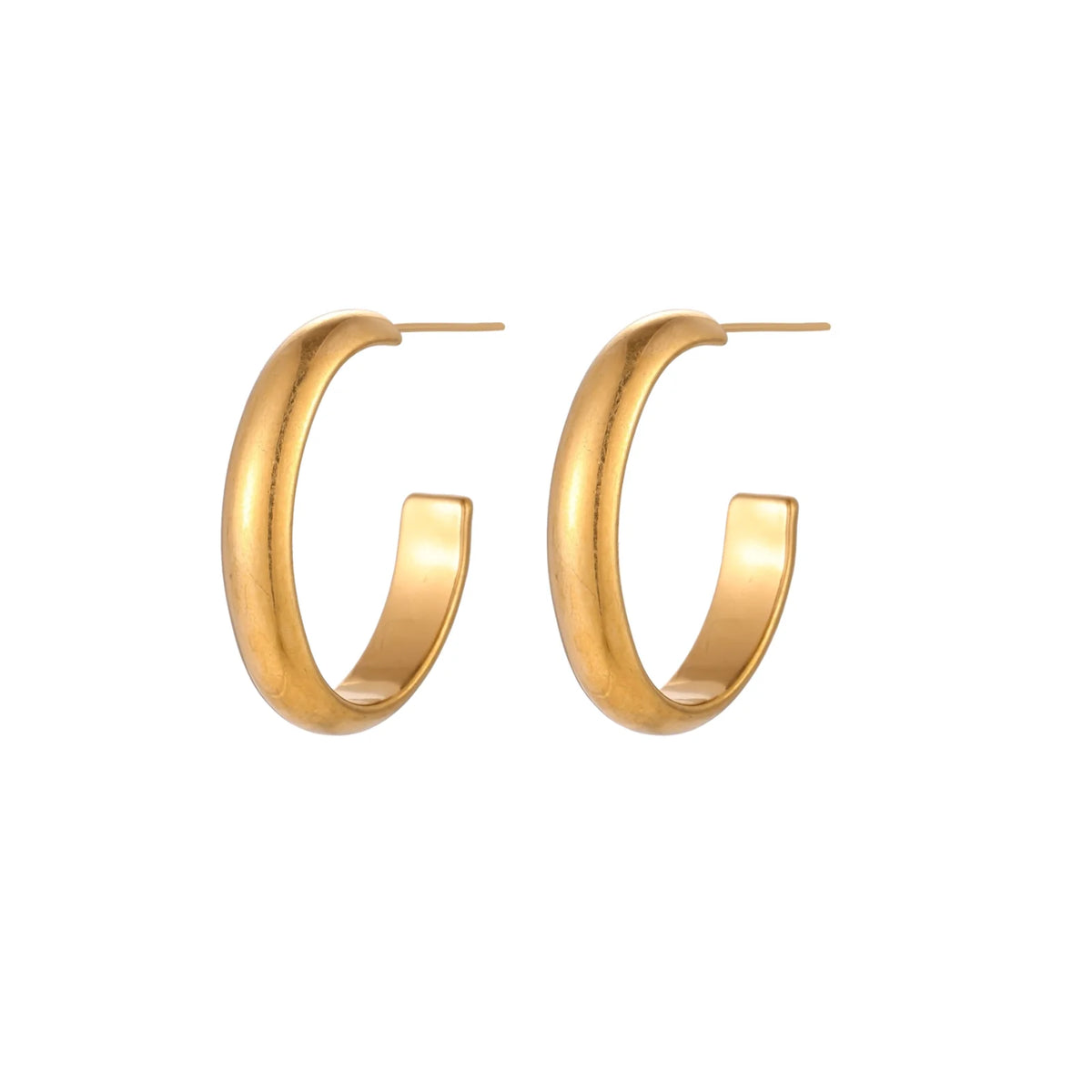 Chunky brushed gold hoop earrings in 14K plated stainless steel on cream background, front and side view.