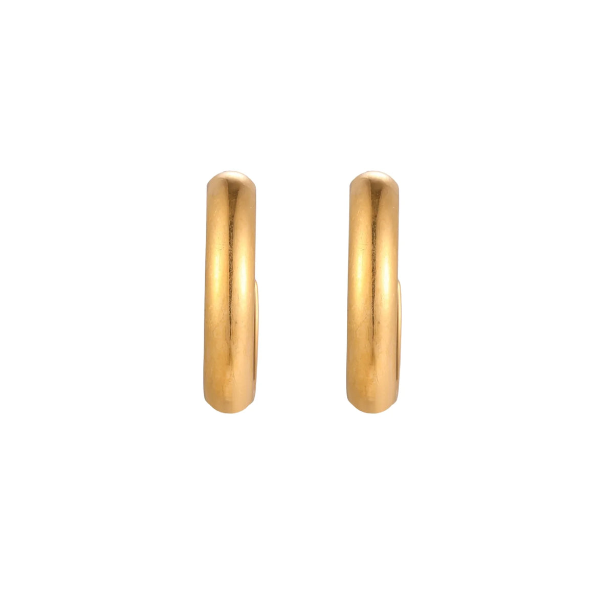 Chunky brushed gold hoop earrings in 14K plated stainless steel on cream background, front and side view.