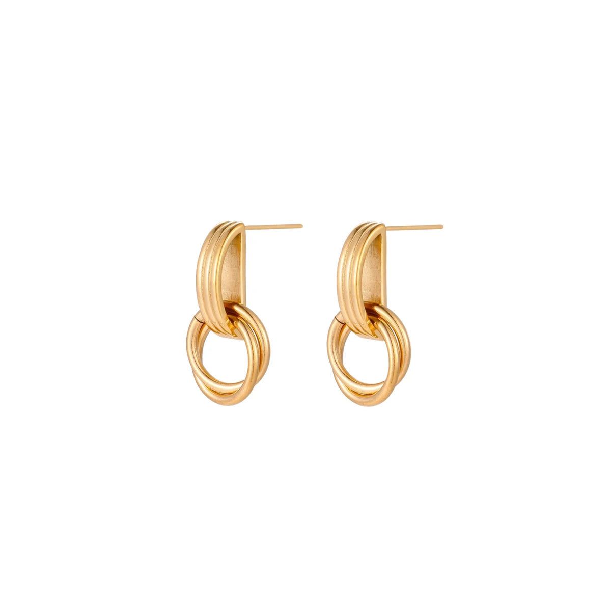 Gold stud earrings with vertical ridged bar connecting to triple interlocking circular rings on white background