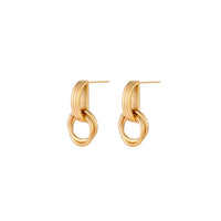 Gold stud earrings with vertical ridged bar connecting to triple interlocking circular rings on white background