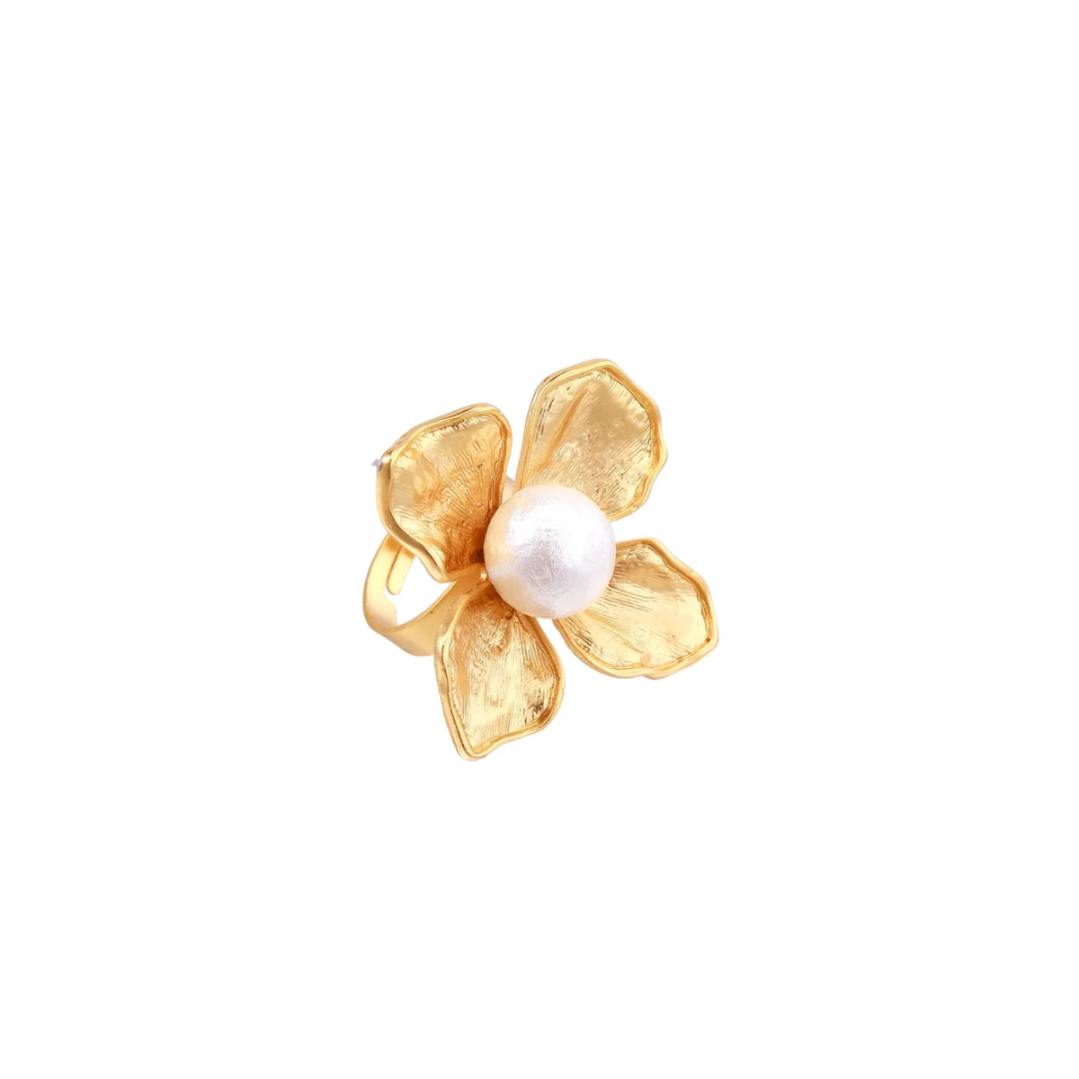 Gold-plated flower ring with textured petals and white cotton pearl center on cream background