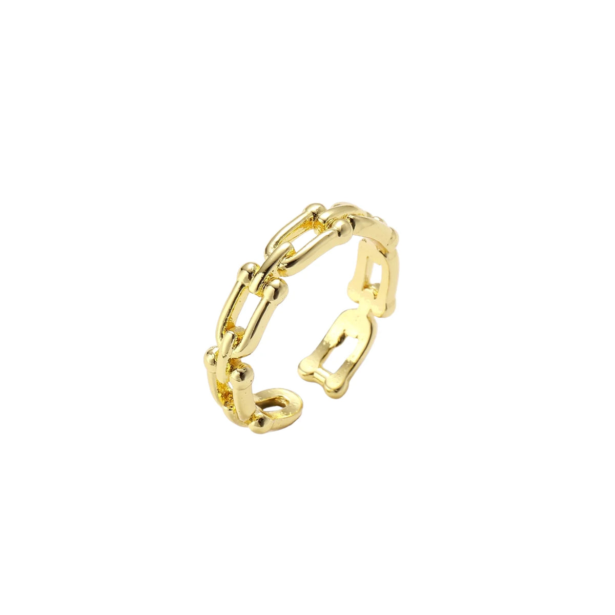 Two adjustable gold rings: chain-link band and halo-style ring with cubic zirconia stones on cream background