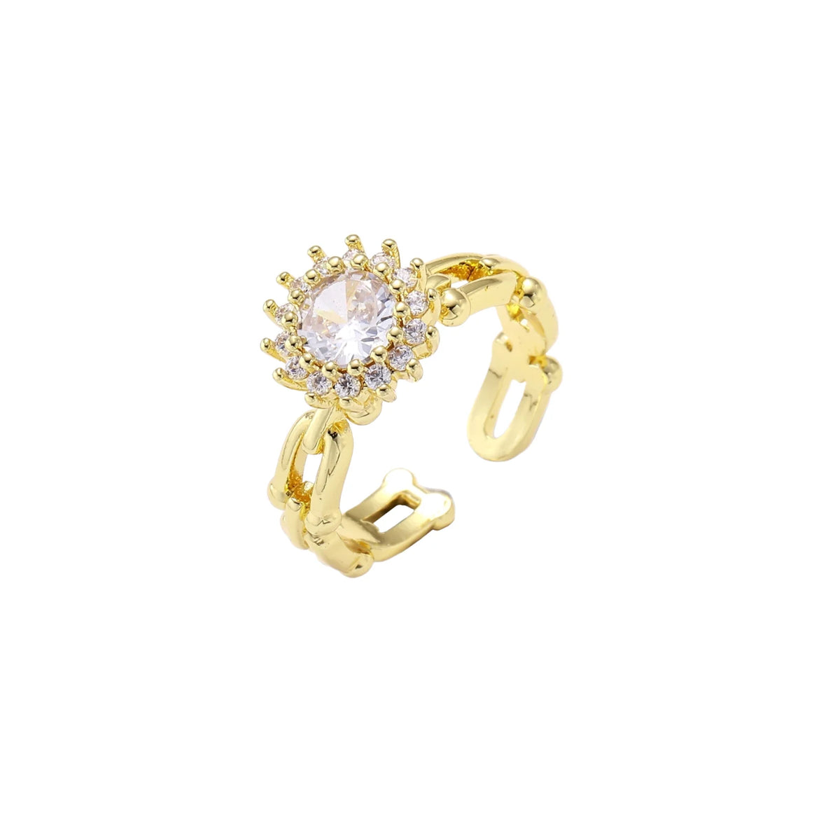 Two adjustable gold rings: chain-link band and halo-style ring with cubic zirconia stones on cream background