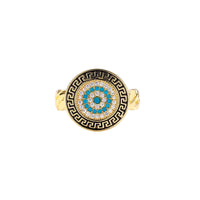 Gold chain ring with Greek key border and turquoise evil eye center on white background