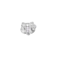 Silver-toned orchid ring with textured petals, pearl center accents, and sparkling zirconia stones on white background.