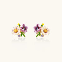 Cluster-style stud earrings with purple pansies, white daisies, yellow centers, and green leaves in glossy enamel finish