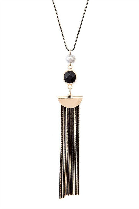 Mix Tone Chain Tassel Stone Pendant Necklace Set
