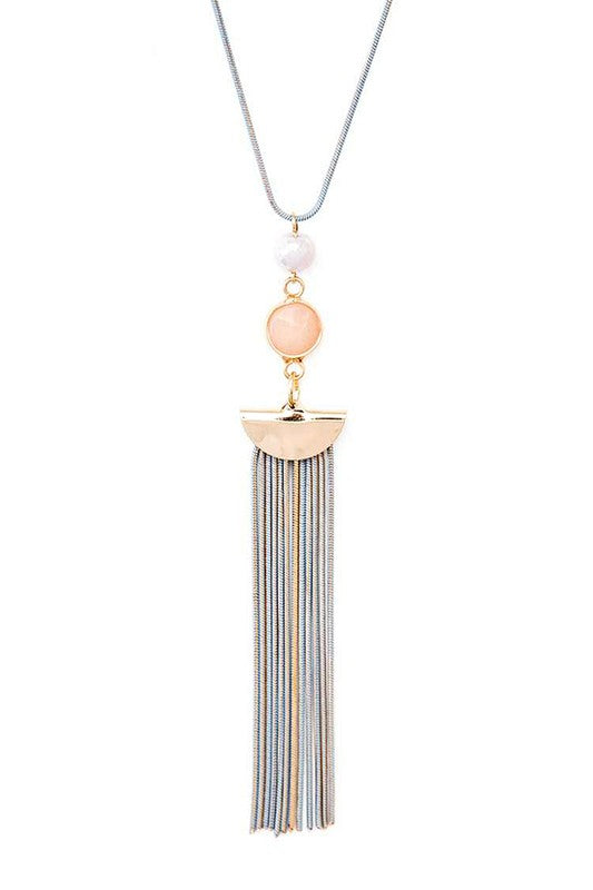 Mix Tone Chain Tassel Stone Pendant Necklace Set