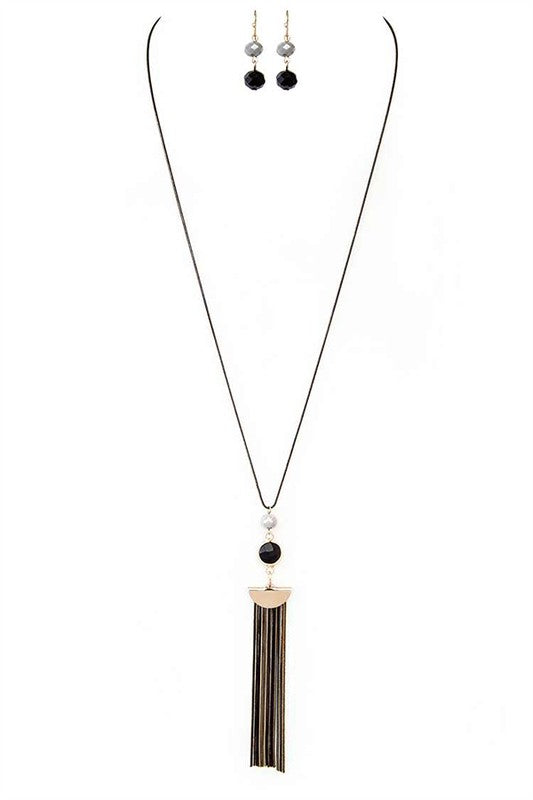 Mix Tone Chain Tassel Stone Pendant Necklace Set