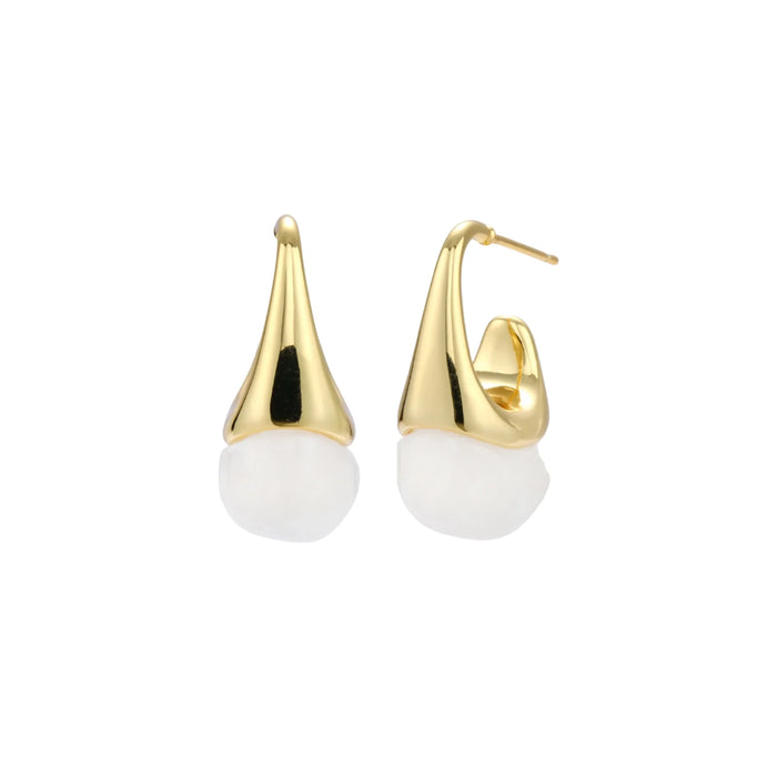 Pair of small gold-plated hoop earrings with triangular cone fronts and curved backs on white background.