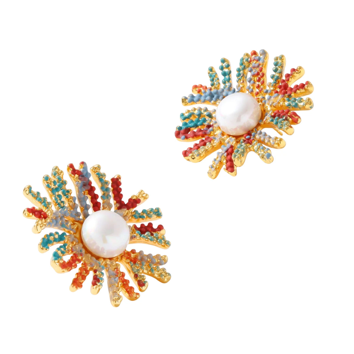 Vibrant starburst stud earrings with multicolor enamel rays and white pearl centers on gold-plated setting