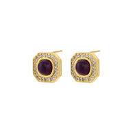Gold-plated octagonal stud earrings with burgundy liuli centers and cubic zirconia halos on white background