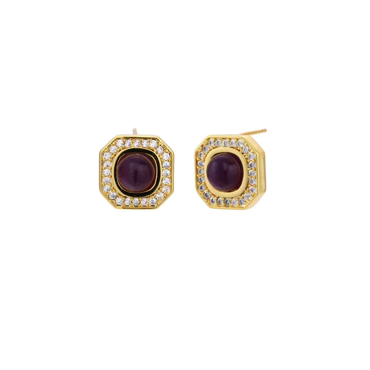 Gold-plated octagonal stud earrings with burgundy liuli centers and cubic zirconia halos on white background