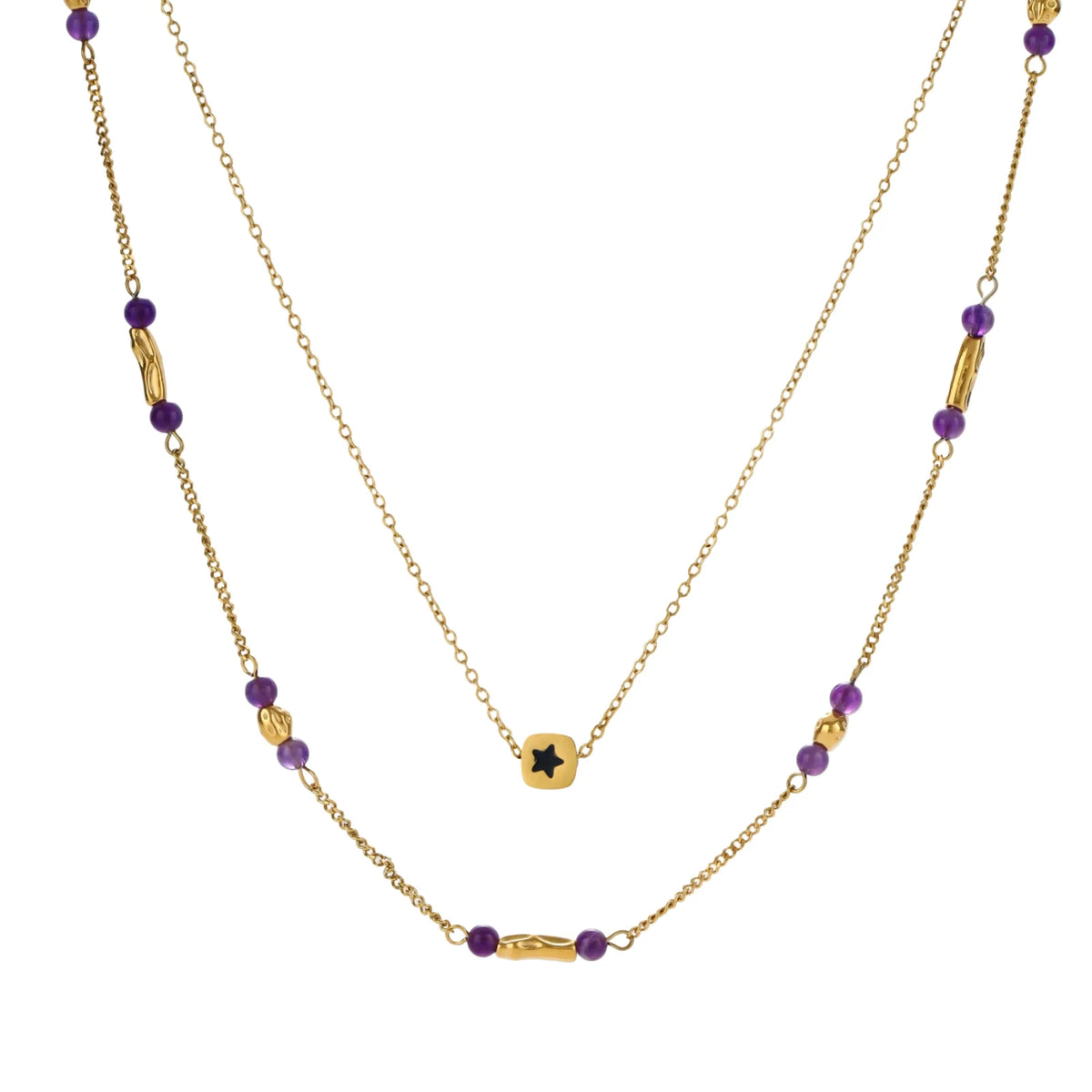 Two layered gold-tone necklaces with purple stone beads and star pendant against cream background.