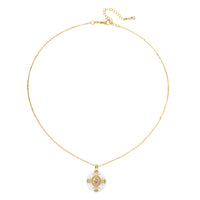 Gold-plated necklace with circular white enamel pendant featuring central zirconia stone and ornate decorative details