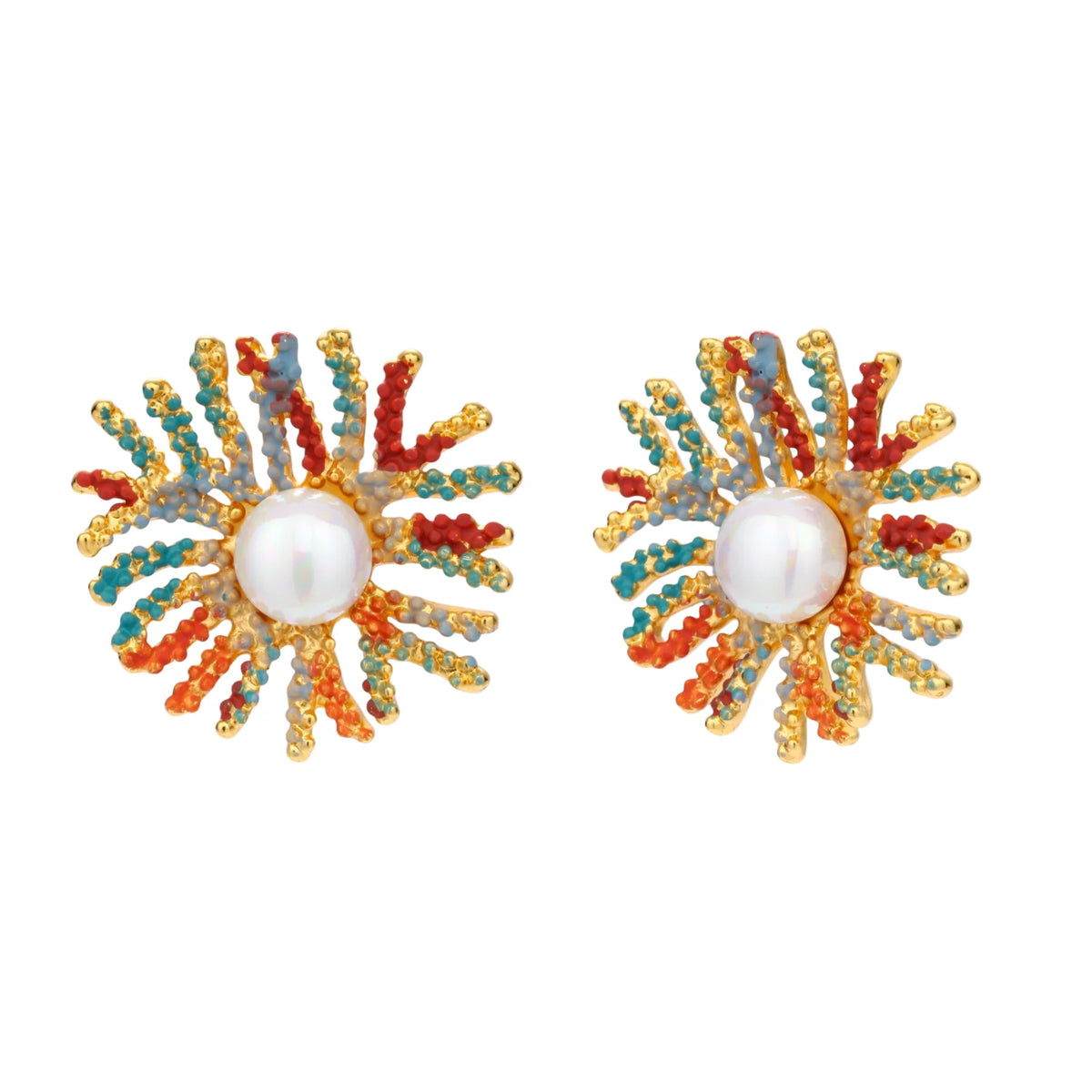 Vibrant starburst stud earrings with multicolor enamel rays and white pearl centers on gold-plated setting