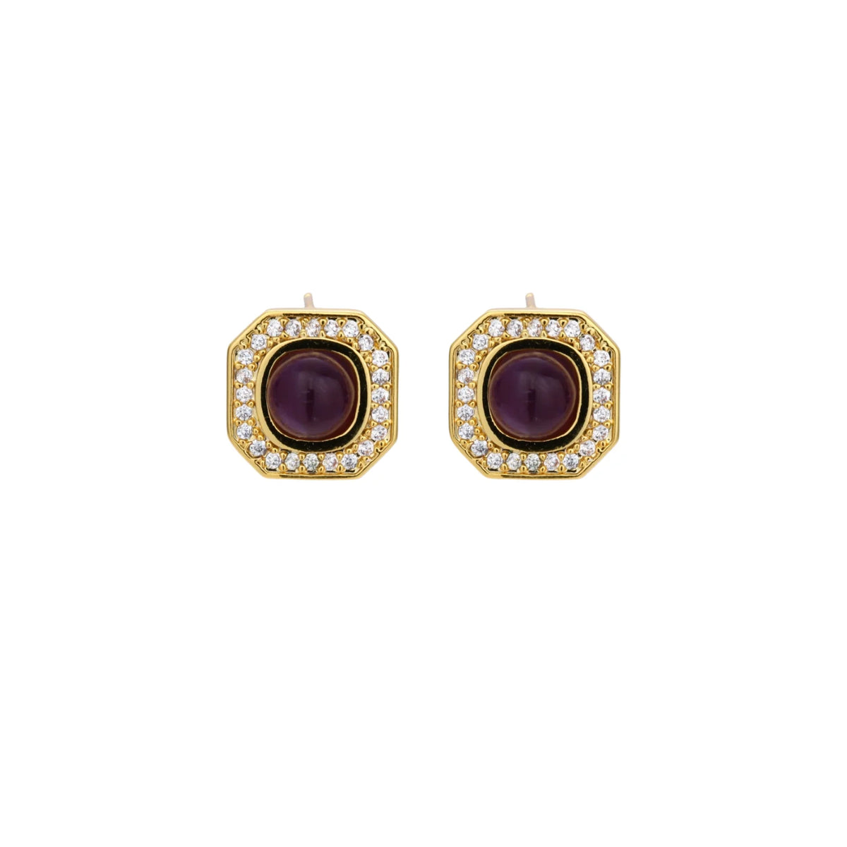 Gold-plated octagonal stud earrings with burgundy liuli centers and cubic zirconia halos on white background
