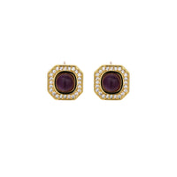 Gold-plated octagonal stud earrings with burgundy liuli centers and cubic zirconia halos on white background