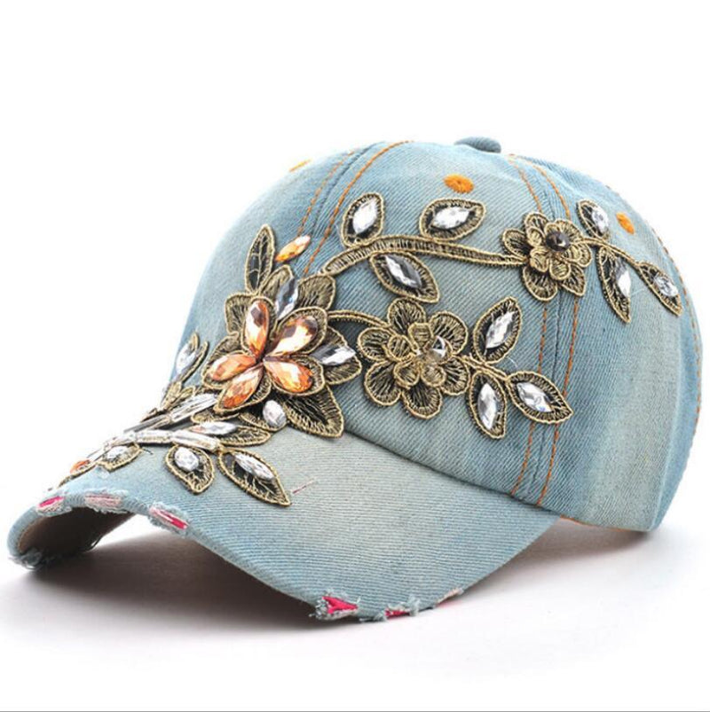 Gorra de béisbol vaquera con bordado de diamantes y flores