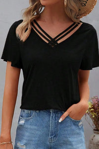 Classic V-neck tee from Trendsi, soft cotton blouse featuring a flattering V-neckline and short sleeves.