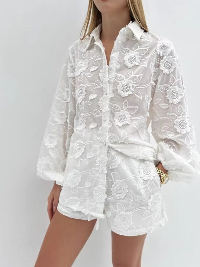 Floral embroidered shirt and shorts set from Trendsi, featuring a colorful, stylish two-piece outfit for casual wear.