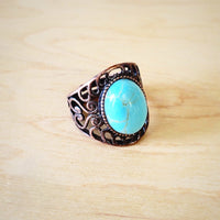 Blue Turquoise Ring in Antique Copper Filigree Setting 012d