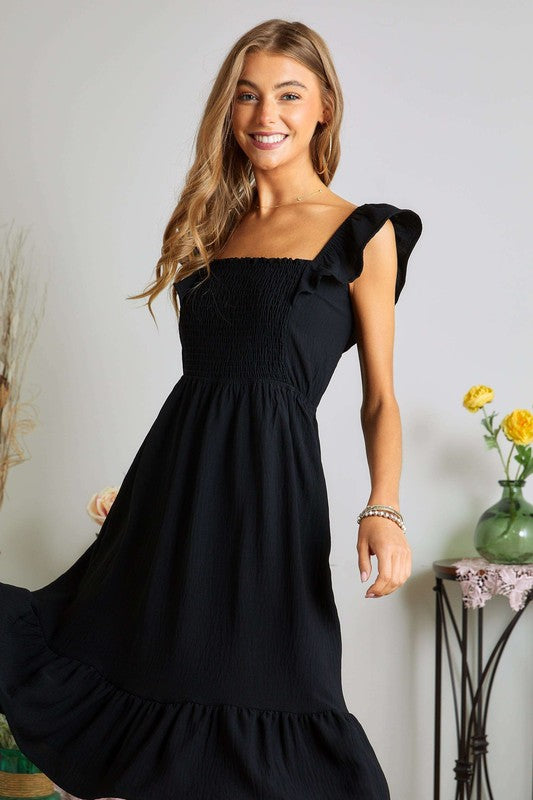 Smocked Square Neck Ruffled Cap Sleeve Dress