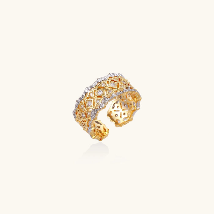 Elegant Lattice Luxe Ring by The Glambox Jewels Boutique featuring intricate lattice design and shiny gold finish.