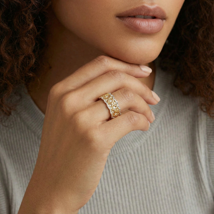 Gold Lattice Luxe Ring from The Glambox Jewels Boutique featuring intricate lattice design and a polished finish.