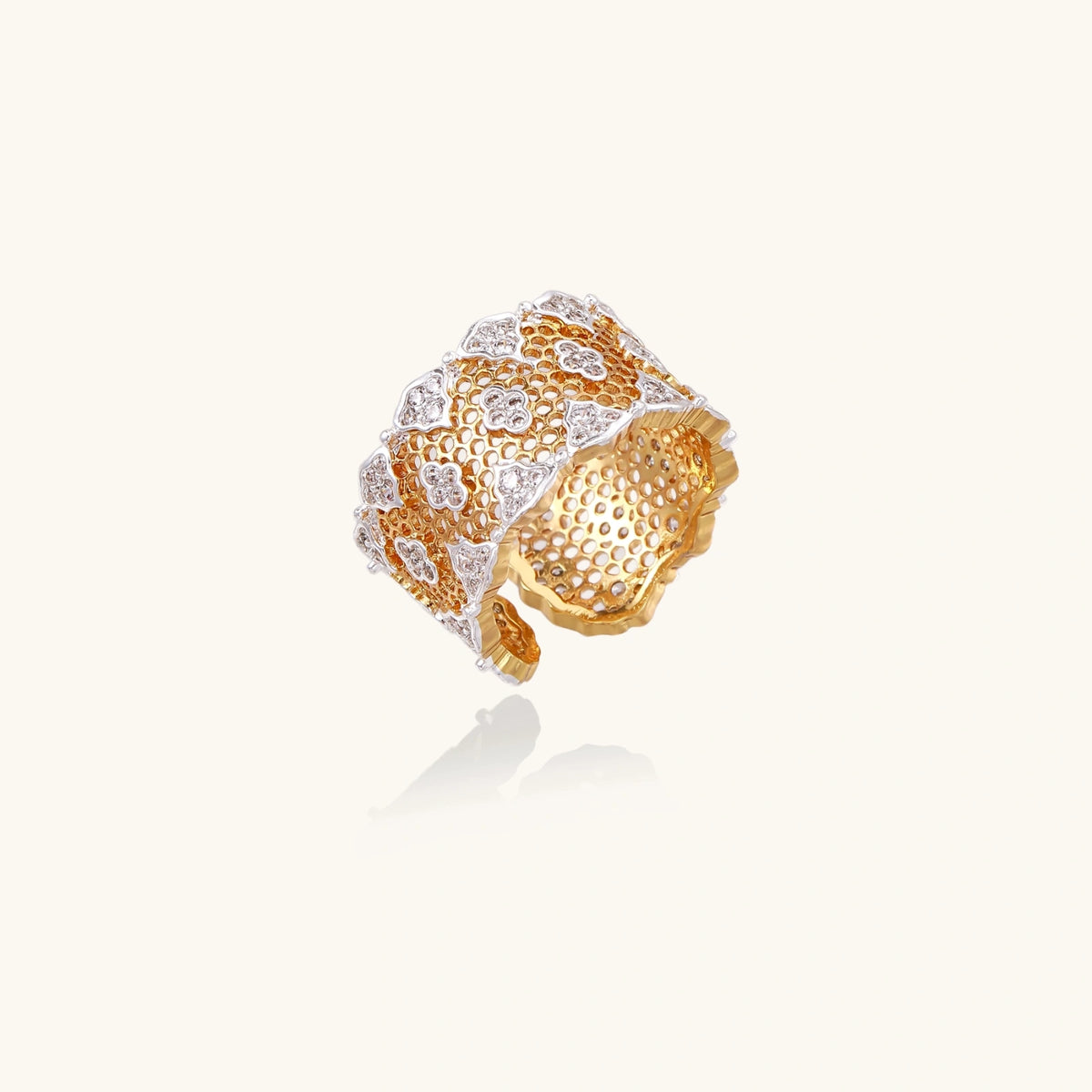 Honeycomb crystal power ring from The Glambox Jewels Boutique, featuring a gold band and honeycomb-shaped crystal design.