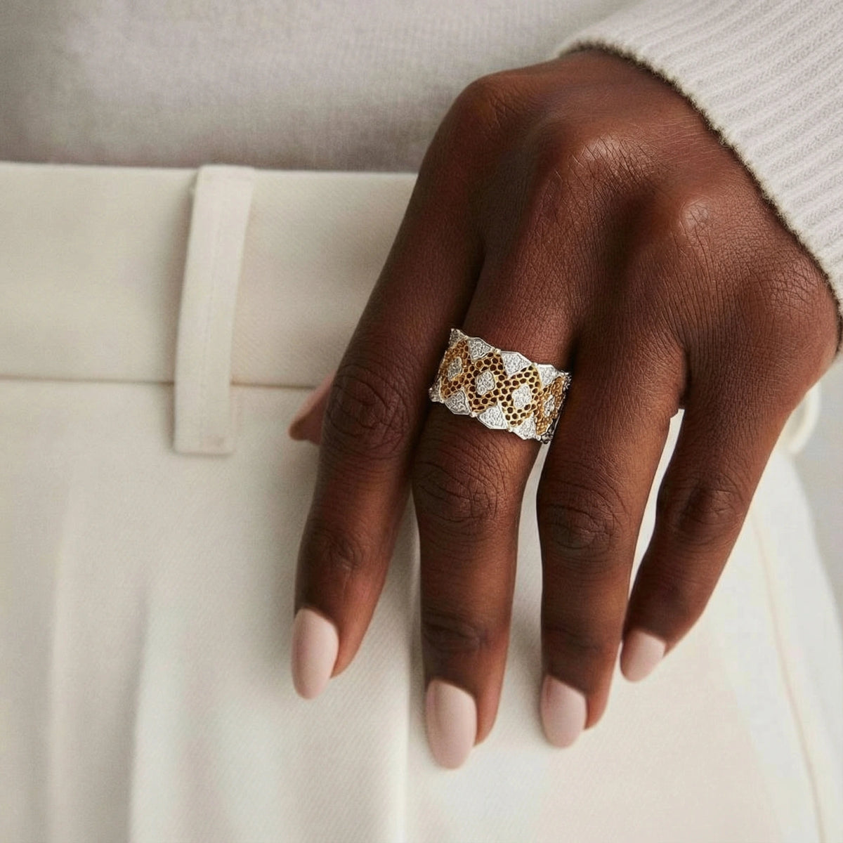 Honeycomb crystal power ring from The Glambox Jewels Boutique, featuring a gold band with a honeycomb-shaped crystal accent.