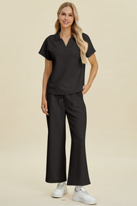 Double Take Collared Neck Short Sleeve Top and Pants Set