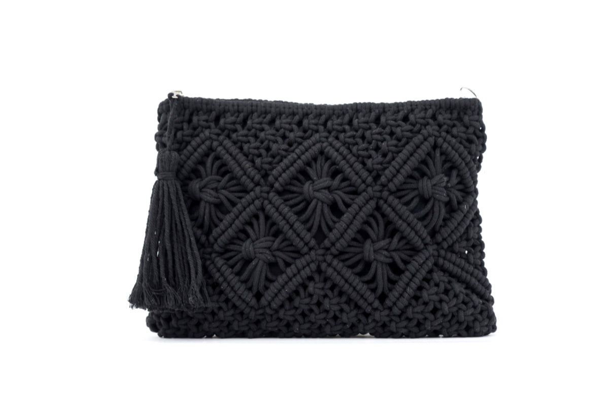 Aili's Corner macrame tassel clutch handbag with intricate woven design and decorative tassels, stylish accessory for casual outings.