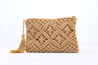 Aili's Corner macrame tassel clutch handbag with woven design and fringe tassels, stylish and handmade for casual or evening use.