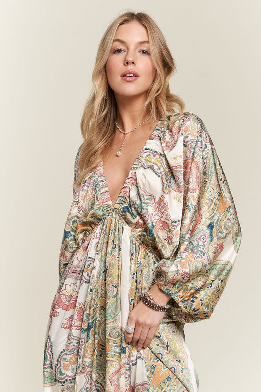 Printed V-Neck Batwing Sleeve Dress