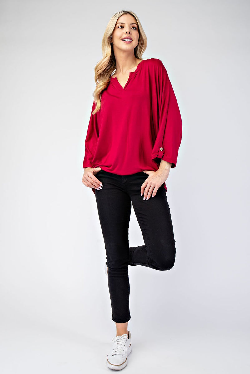 Notched Three-Quarter Sleeve Blouse