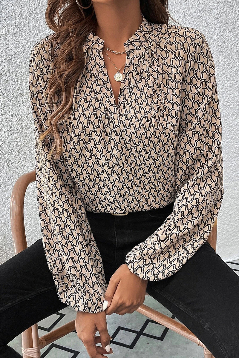 Khaki Geometric Print Notched Neck Long Sleeve Blouse